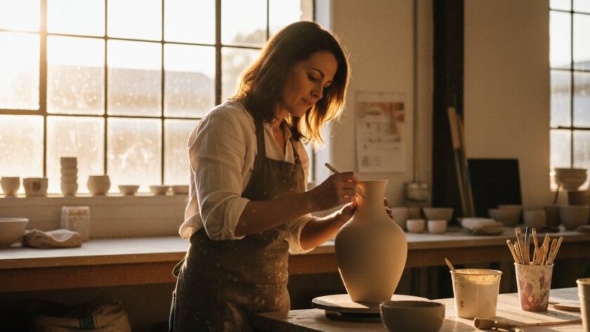 Dynamic hero shot capturing the essence of Seymour Victoria advertising photography for local businesses, showcasing a local artisan meticulously crafting their product in a beautifully lit workshop, highlighting dedication and quality.