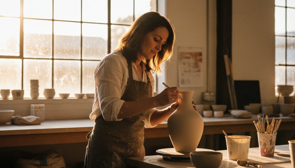 Dynamic hero shot capturing the essence of Seymour Victoria advertising photography for local businesses, showcasing a local artisan meticulously crafting their product in a beautifully lit workshop, highlighting dedication and quality.