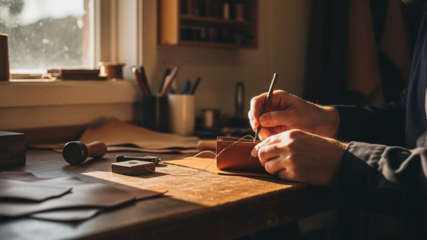 An authentic branding photography Seymour Victoria for local businesses hero shot: A passionate local artisan in their workshop in Seymour, Victoria, dramatically lit, focusing intently on crafting a bespoke item, surrounded by tools and natural light, conveying dedication and skill.