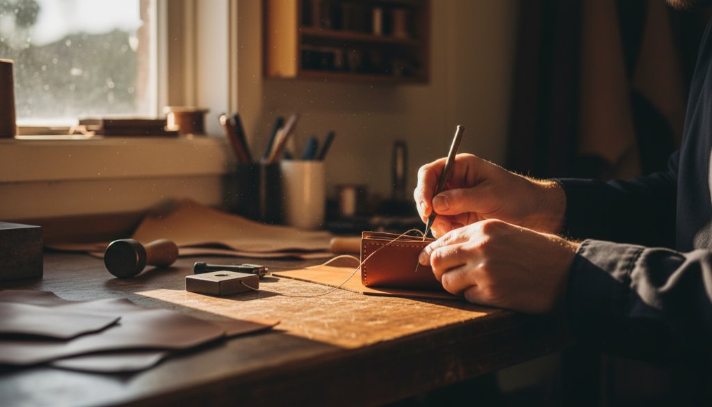 An authentic branding photography Seymour Victoria for local businesses hero shot: A passionate local artisan in their workshop in Seymour, Victoria, dramatically lit, focusing intently on crafting a bespoke item, surrounded by tools and natural light, conveying dedication and skill.