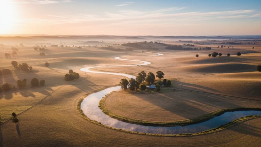 Epic moment 'Seymour Victoria drone photography capturing Goulburn Valley beauty' shot, showing the Goulburn River winding through sun-kissed farmlands at dawn, mist gently rising, with distant Seymour hills under a dramatic, warm, golden sky.