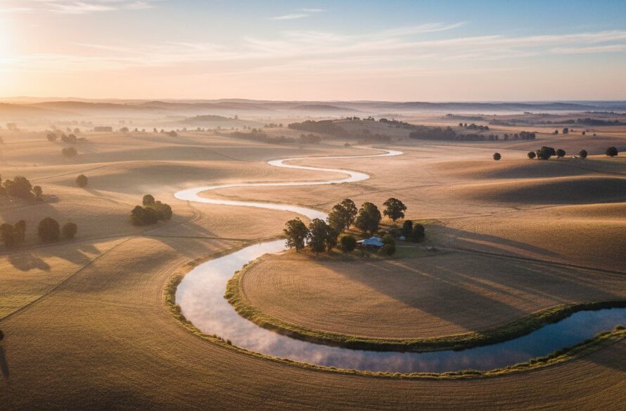 Epic moment 'Seymour Victoria drone photography capturing Goulburn Valley beauty' shot, showing the Goulburn River winding through sun-kissed farmlands at dawn, mist gently rising, with distant Seymour hills under a dramatic, warm, golden sky.