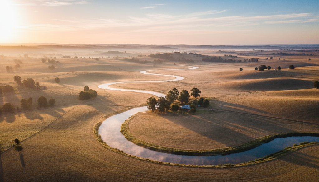Epic moment 'Seymour Victoria drone photography capturing Goulburn Valley beauty' shot, showing the Goulburn River winding through sun-kissed farmlands at dawn, mist gently rising, with distant Seymour hills under a dramatic, warm, golden sky.