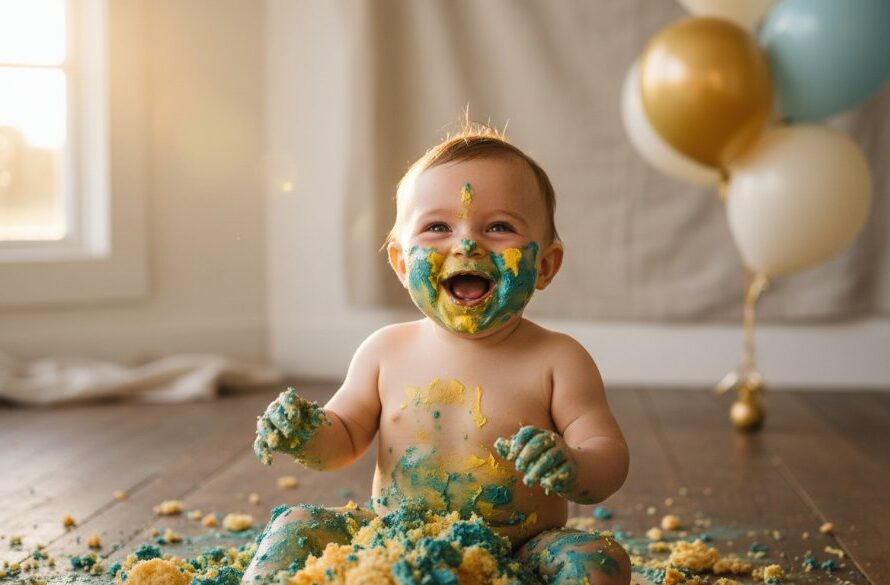 An epic moment captured during Seymour Victoria first birthday cake smash photos, showing a joyful baby covered in frosting, laughing amidst vibrant balloons, with dramatic golden hour lighting highlighting the celebration.