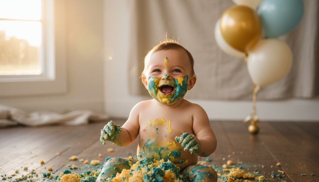 An epic moment captured during Seymour Victoria first birthday cake smash photos, showing a joyful baby covered in frosting, laughing amidst vibrant balloons, with dramatic golden hour lighting highlighting the celebration.