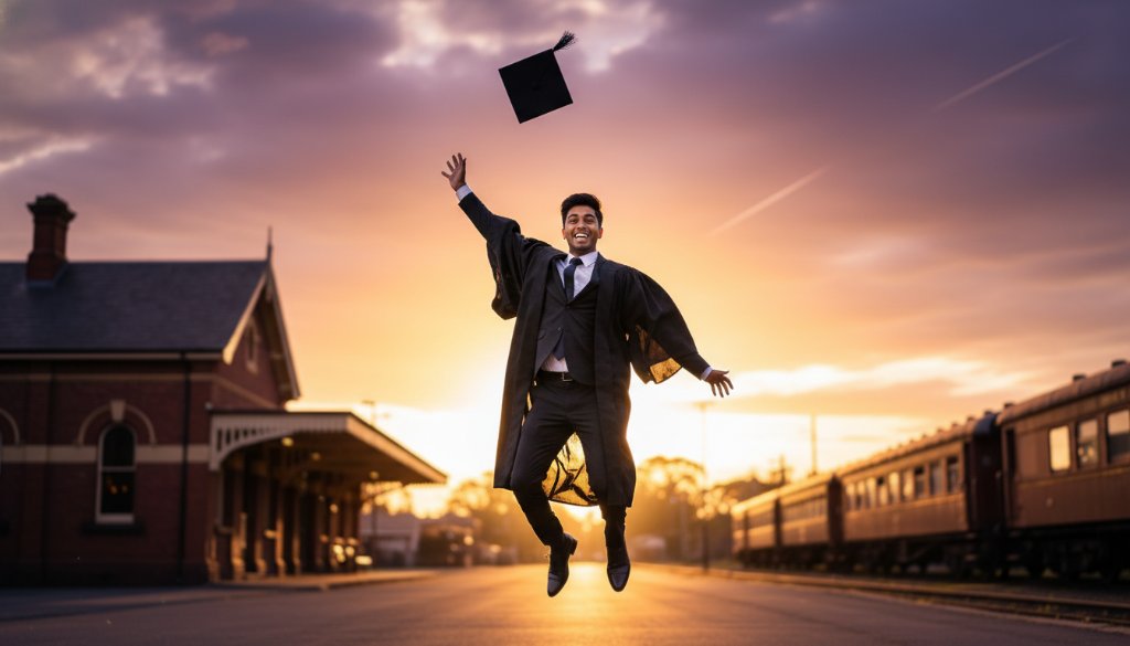 A joyous graduate in Seymour, Victoria, throwing their cap into the air against a backdrop of historic Seymour architecture at sunset, celebrating with a radiant smile, expertly captured as an epic moment within Seymour Victoria graduation photo packages.