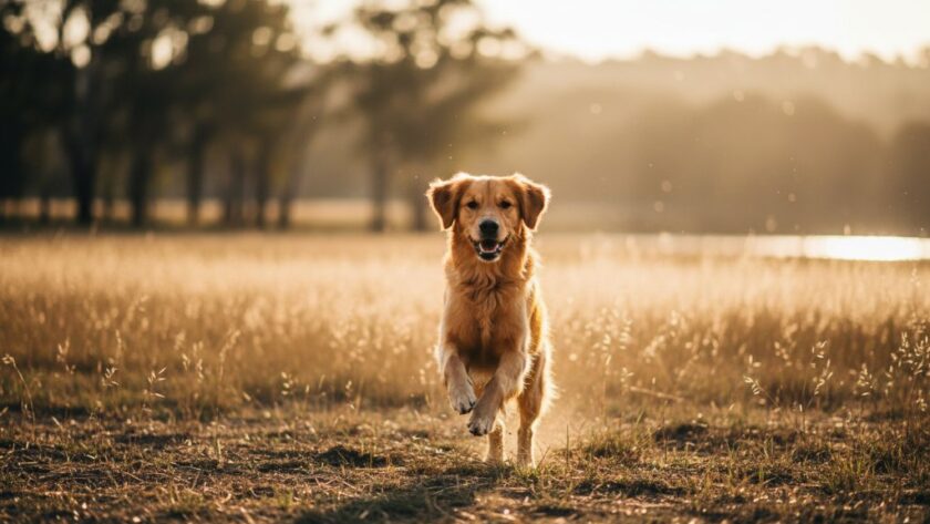 An exhilarating Seymour Victoria pet photography outdoor session featuring a golden retriever joyfully leaping through golden light near the Goulburn River, capturing an epic moment of pure happiness and dynamic motion.