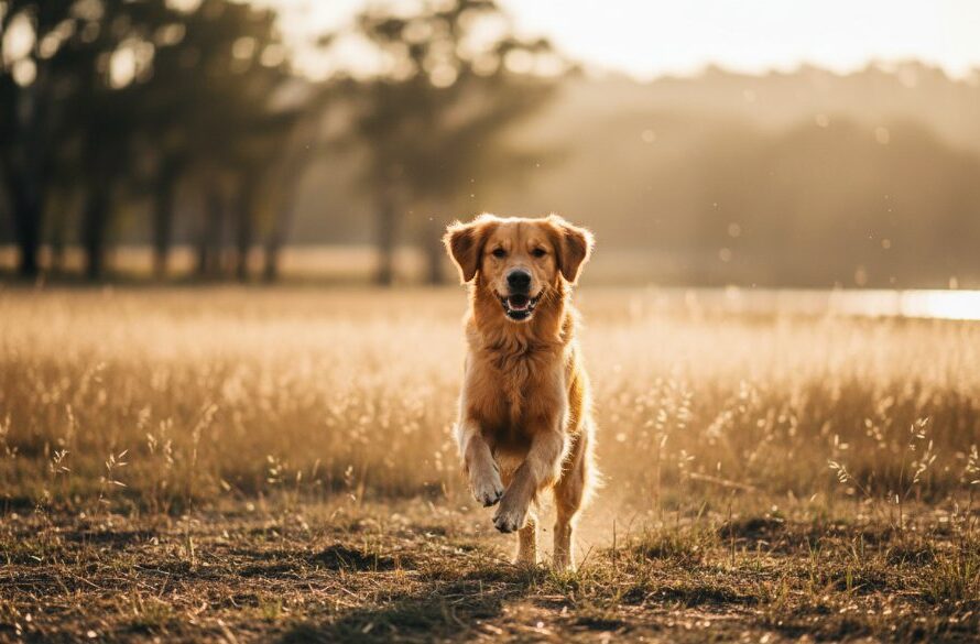 An exhilarating Seymour Victoria pet photography outdoor session featuring a golden retriever joyfully leaping through golden light near the Goulburn River, capturing an epic moment of pure happiness and dynamic motion.