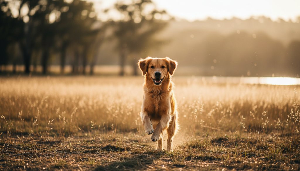 An exhilarating Seymour Victoria pet photography outdoor session featuring a golden retriever joyfully leaping through golden light near the Goulburn River, capturing an epic moment of pure happiness and dynamic motion.