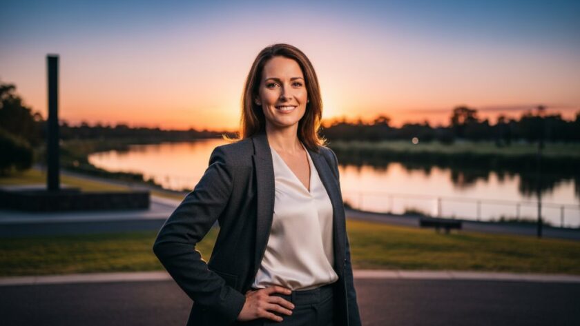 A confident professional, captured in an 'epic moment' style photograph, smiles genuinely against a soft-focus background of the Seymour Library gardens, embodying the essence of Seymour Victoria professional headshots for career advancement, with dramatic cinematic lighting highlighting their strong gaze.