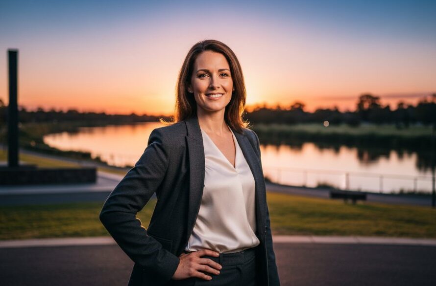 A confident professional, captured in an 'epic moment' style photograph, smiles genuinely against a soft-focus background of the Seymour Library gardens, embodying the essence of Seymour Victoria professional headshots for career advancement, with dramatic cinematic lighting highlighting their strong gaze.
