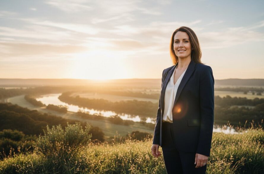 An epic moment captured in Seymour, Victoria, featuring a successful business owner radiating confidence in a professional headshot, showcasing the quality of Seymour Victoria professional headshots for local businesses, with dramatic lighting highlighting their strong presence against a blurred local landscape.