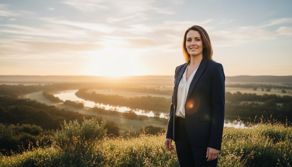 An epic moment captured in Seymour, Victoria, featuring a successful business owner radiating confidence in a professional headshot, showcasing the quality of Seymour Victoria professional headshots for local businesses, with dramatic lighting highlighting their strong presence against a blurred local landscape.