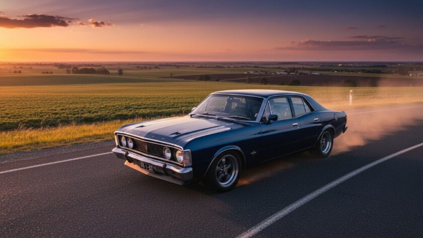 Dramatic, low-angle shot of a classic Australian muscle car, bathed in the golden hour light, parked on a dusty rural road near Shepparton, Victoria, showcasing Shepparton automotive photography capturing rural Victorian car culture with a stunning sunset backdrop.