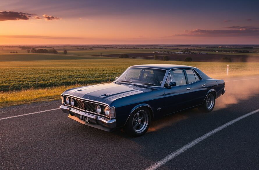 Dramatic, low-angle shot of a classic Australian muscle car, bathed in the golden hour light, parked on a dusty rural road near Shepparton, Victoria, showcasing Shepparton automotive photography capturing rural Victorian car culture with a stunning sunset backdrop.