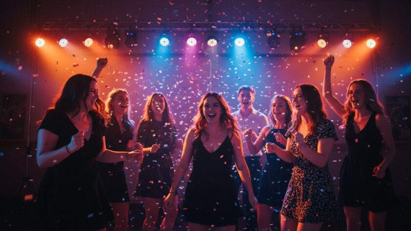 A candid, dynamic shot capturing a group of friends laughing and high-fiving on a dance floor, bathed in warm, colourful disco lights, during a lively shepparton birthday party. The scene embodies vibrant memories and the joy of celebration, expertly captured by a professional photographer.