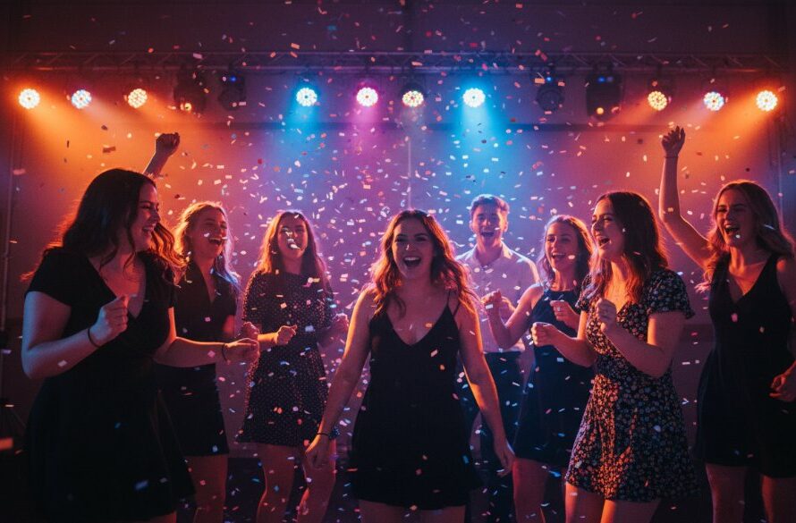 A candid, dynamic shot capturing a group of friends laughing and high-fiving on a dance floor, bathed in warm, colourful disco lights, during a lively shepparton birthday party. The scene embodies vibrant memories and the joy of celebration, expertly captured by a professional photographer.