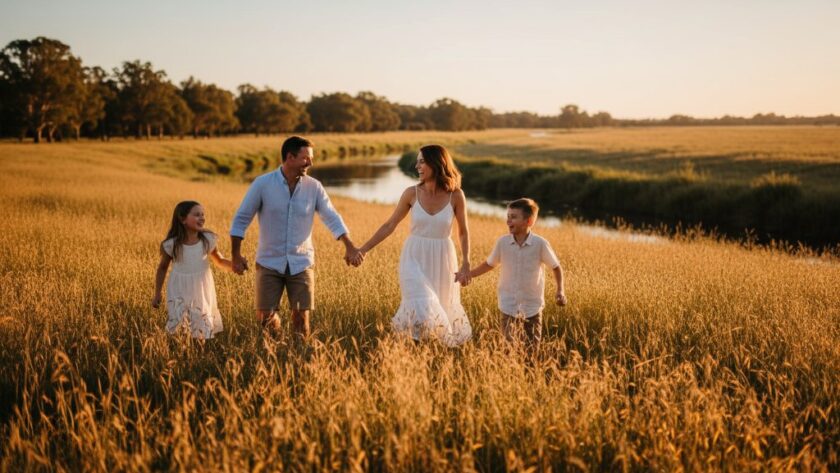 Shepparton candid photography genuine family moments captured in an epic, joyful scene of a family laughing and playing together by the Goulburn River, bathed in warm, golden hour light.