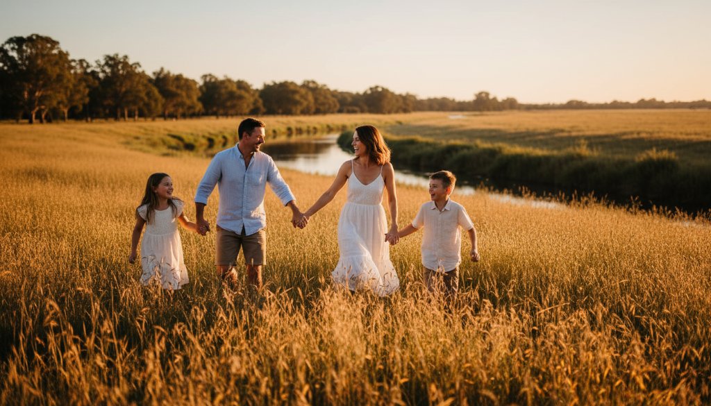 Shepparton candid photography genuine family moments captured in an epic, joyful scene of a family laughing and playing together by the Goulburn River, bathed in warm, golden hour light.