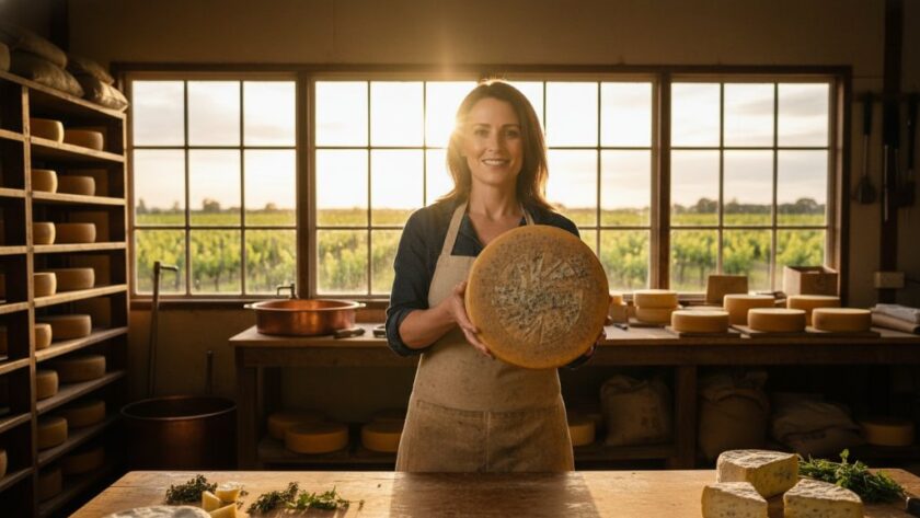 Dynamic wide-angle shot of a local artisanal baker in Shepparton, Victoria, presenting a freshly baked sourdough loaf, dramatically lit with warm, golden hour light filtering through a rustic bakery window, encapsulating professional Shepparton commercial photography for brand storytelling.