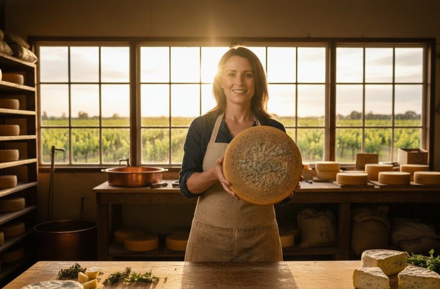 Dynamic wide-angle shot of a local artisanal baker in Shepparton, Victoria, presenting a freshly baked sourdough loaf, dramatically lit with warm, golden hour light filtering through a rustic bakery window, encapsulating professional Shepparton commercial photography for brand storytelling.