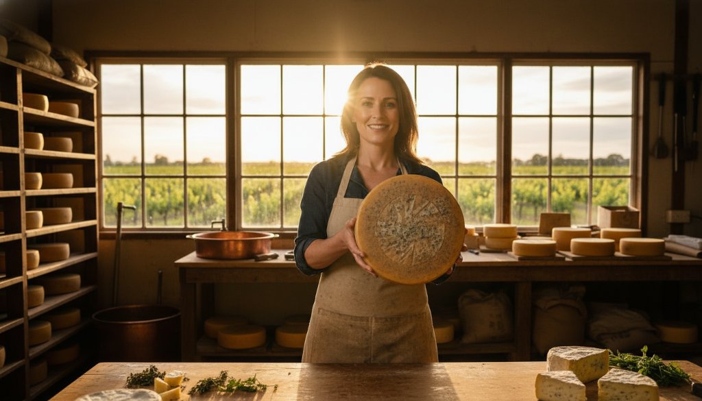 Dynamic wide-angle shot of a local artisanal baker in Shepparton, Victoria, presenting a freshly baked sourdough loaf, dramatically lit with warm, golden hour light filtering through a rustic bakery window, encapsulating professional Shepparton commercial photography for brand storytelling.