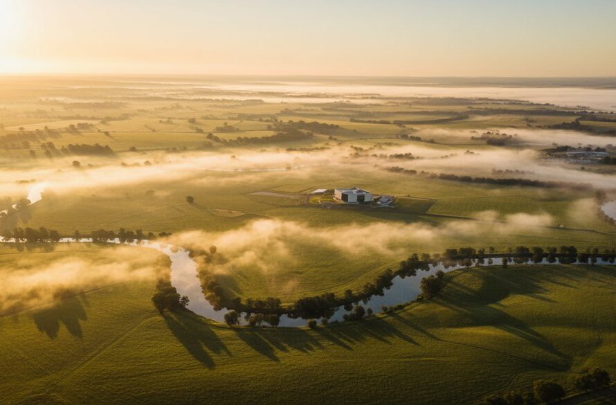 An epic, sweeping aerial photograph showcasing Shepparton drone photography capturing Goulburn Valley beauty, featuring a golden sunrise over the Goulburn River winding through lush farmlands, with dramatic mist rising and a distant iconic landmark like the Shepparton Art Museum visible, professionally color-graded with cinematic warmth.