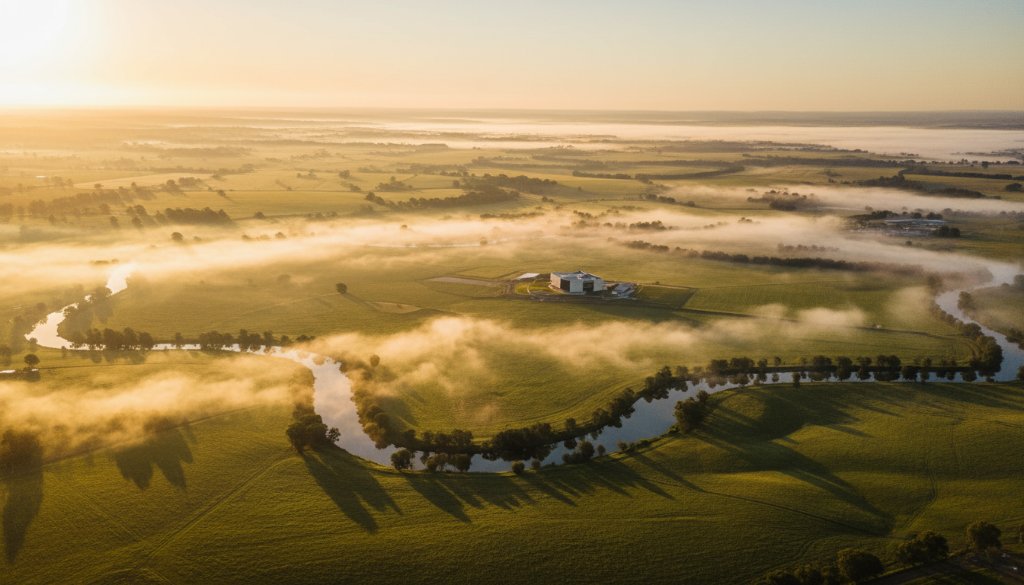 An epic, sweeping aerial photograph showcasing Shepparton drone photography capturing Goulburn Valley beauty, featuring a golden sunrise over the Goulburn River winding through lush farmlands, with dramatic mist rising and a distant iconic landmark like the Shepparton Art Museum visible, professionally color-graded with cinematic warmth.