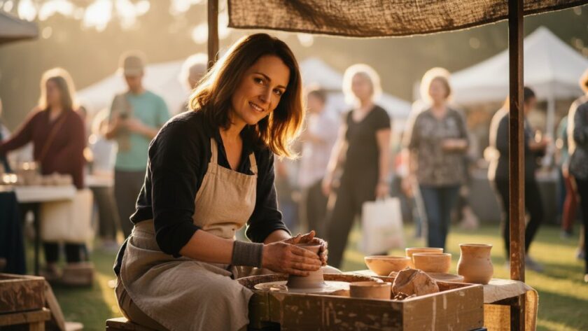 An aerial perspective of a dynamic community event in Shepparton, showcasing a local market bustling with activity, expertly captured by Shepparton editorial photography capturing authentic stories, with dramatic morning light highlighting vendor stalls and happy faces.