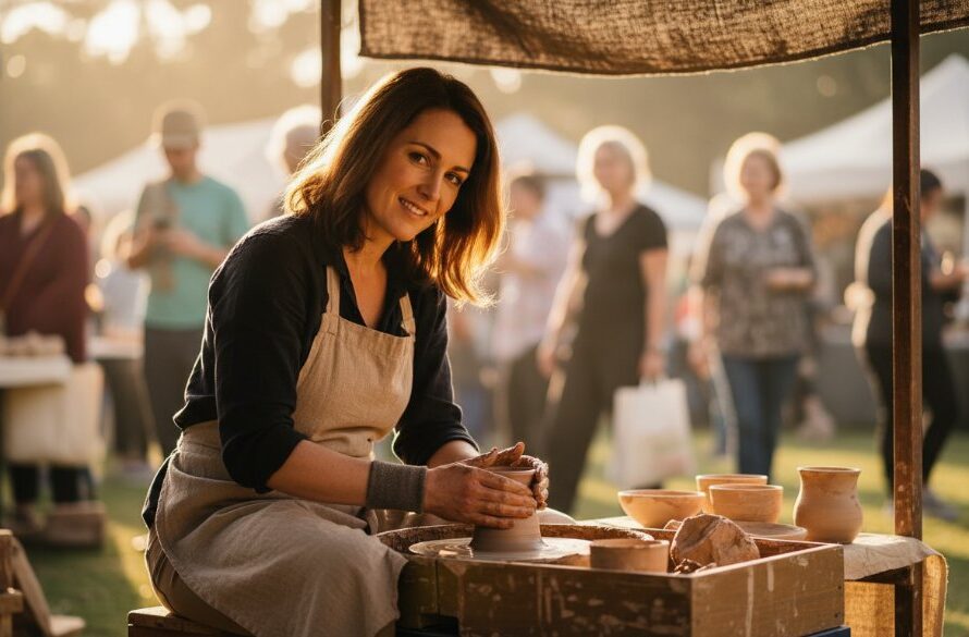 An aerial perspective of a dynamic community event in Shepparton, showcasing a local market bustling with activity, expertly captured by Shepparton editorial photography capturing authentic stories, with dramatic morning light highlighting vendor stalls and happy faces.