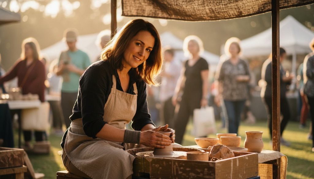 An aerial perspective of a dynamic community event in Shepparton, showcasing a local market bustling with activity, expertly captured by Shepparton editorial photography capturing authentic stories, with dramatic morning light highlighting vendor stalls and happy faces.