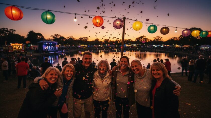 Dynamic Shepparton event photography capturing genuine moments of joy, featuring a wide shot of a community festival with a diverse crowd laughing, vibrant decorations, and the iconic Victoria Park Lake in the background at sunset, bathed in warm, golden light.