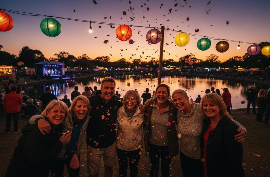 Dynamic Shepparton event photography capturing genuine moments of joy, featuring a wide shot of a community festival with a diverse crowd laughing, vibrant decorations, and the iconic Victoria Park Lake in the background at sunset, bathed in warm, golden light.