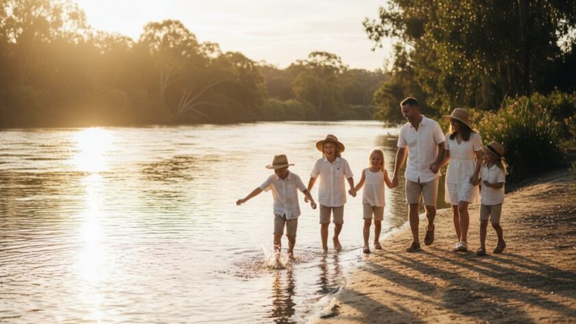 An epic moment in Shepparton family photography capturing Goulburn River joy: A family laughing as they skip rocks at sunset along the Goulburn River, with golden light illuminating their joyful faces and the tranquil water.