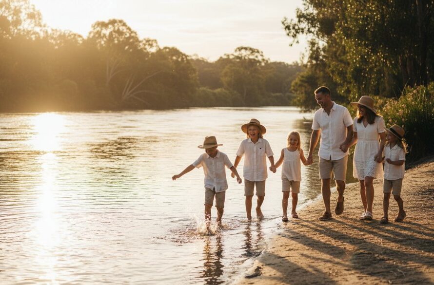 An epic moment in Shepparton family photography capturing Goulburn River joy: A family laughing as they skip rocks at sunset along the Goulburn River, with golden light illuminating their joyful faces and the tranquil water.