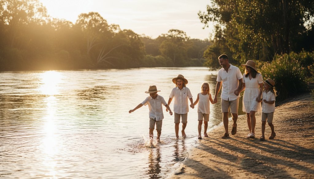 An epic moment in Shepparton family photography capturing Goulburn River joy: A family laughing as they skip rocks at sunset along the Goulburn River, with golden light illuminating their joyful faces and the tranquil water.