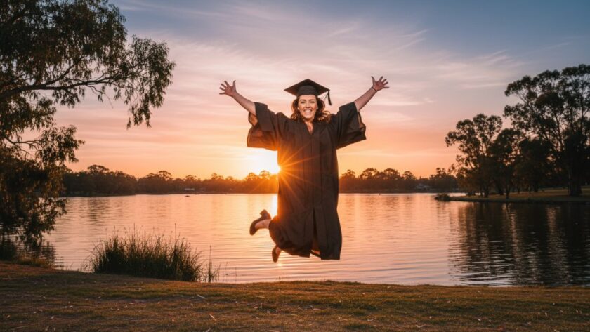 An epic moment photograph of a beaming graduate in a cap and gown, joyfully tossing their mortarboard into the vibrant blue sky over Victoria Park Lake in Shepparton, perfectly capturing Shepparton Graduation Photography Authentic Celebration Moments.