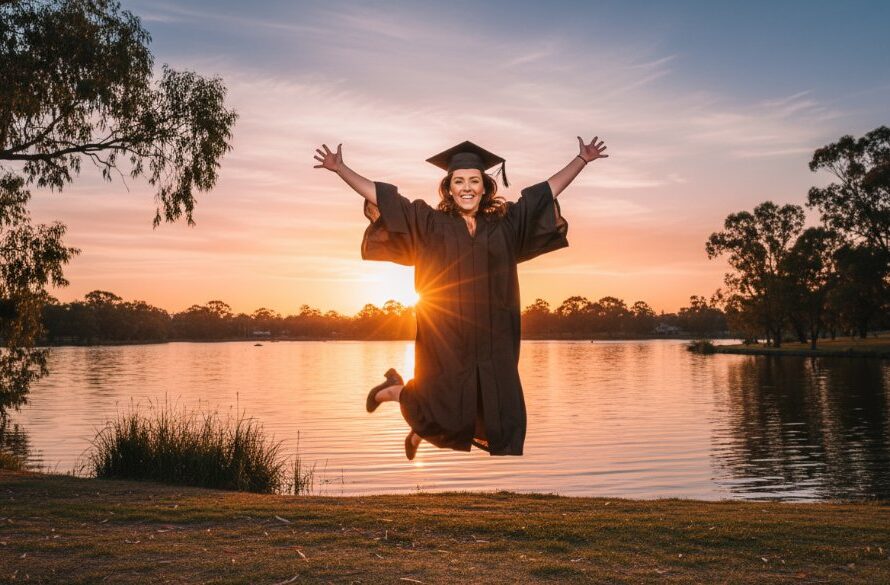 An epic moment photograph of a beaming graduate in a cap and gown, joyfully tossing their mortarboard into the vibrant blue sky over Victoria Park Lake in Shepparton, perfectly capturing Shepparton Graduation Photography Authentic Celebration Moments.