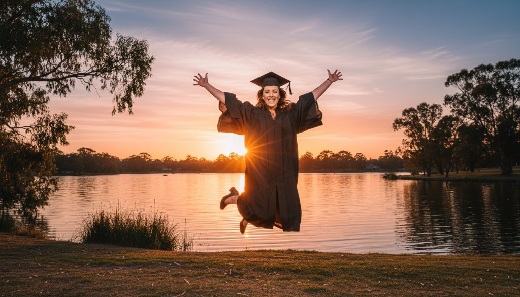 An epic moment photograph of a beaming graduate in a cap and gown, joyfully tossing their mortarboard into the vibrant blue sky over Victoria Park Lake in Shepparton, perfectly capturing Shepparton Graduation Photography Authentic Celebration Moments.