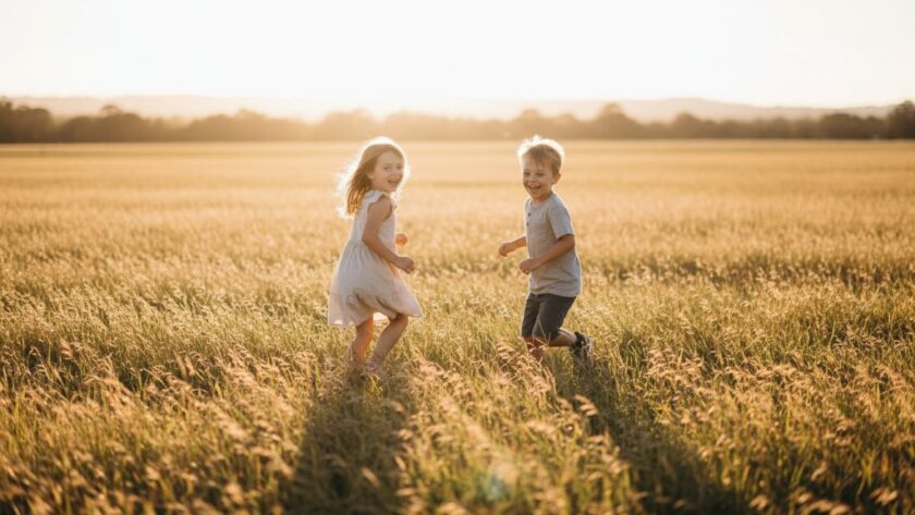 A professional, cinematic photograph capturing an epic moment of two young children, aged about 5 and 7, laughing joyfully while running through a sun-drenched field of tall golden grass near the Victoria Park Lake in Shepparton at golden hour, highlighting Shepparton kids photography authentic moments with dramatic backlight.