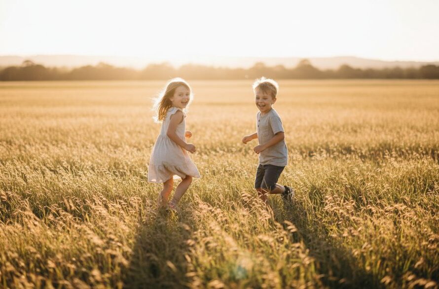 A professional, cinematic photograph capturing an epic moment of two young children, aged about 5 and 7, laughing joyfully while running through a sun-drenched field of tall golden grass near the Victoria Park Lake in Shepparton at golden hour, highlighting Shepparton kids photography authentic moments with dramatic backlight.