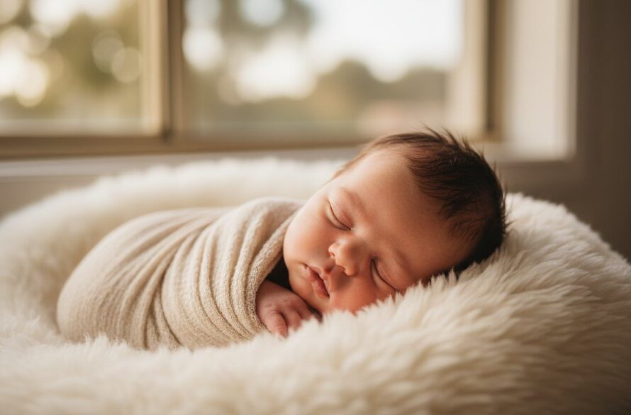 A tender, close-up, epic moment photograph of a newborn baby swaddled in soft fabrics, bathed in warm, gentle Shepparton natural light, capturing a peaceful expression during a Shepparton newborn photography natural light storytelling session.