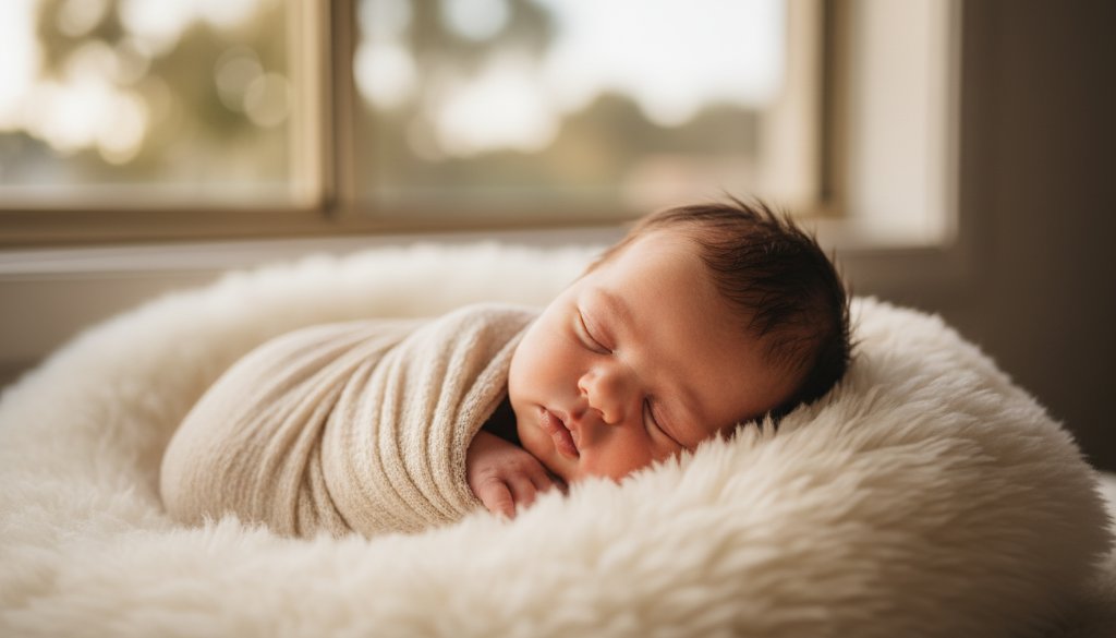 A tender, close-up, epic moment photograph of a newborn baby swaddled in soft fabrics, bathed in warm, gentle Shepparton natural light, capturing a peaceful expression during a Shepparton newborn photography natural light storytelling session.