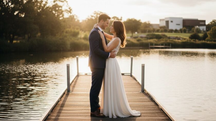 A couple in elegant attire shares a tender kiss under the soft golden light of late afternoon, standing on a rustic wooden jetty overlooking the tranquil Goulburn River, with lush green banks and the distant Shepparton skyline blurred beautifully in the background, embodying an epic moment for Shepparton Pre-Wedding Photography Iconic Locations.