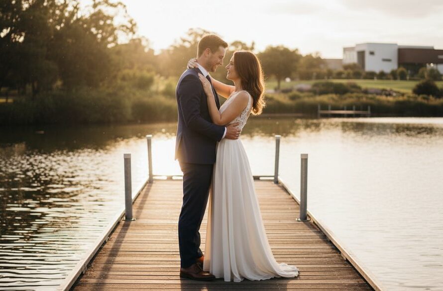 A couple in elegant attire shares a tender kiss under the soft golden light of late afternoon, standing on a rustic wooden jetty overlooking the tranquil Goulburn River, with lush green banks and the distant Shepparton skyline blurred beautifully in the background, embodying an epic moment for Shepparton Pre-Wedding Photography Iconic Locations.