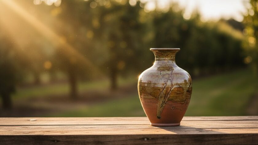 Dramatic studio shot of beautifully handcrafted ceramic mugs, illuminated by a warm, directional light, showcasing intricate details against a rustic Shepparton-inspired backdrop, exemplifying expert Shepparton product photography showcasing local artisan crafts.