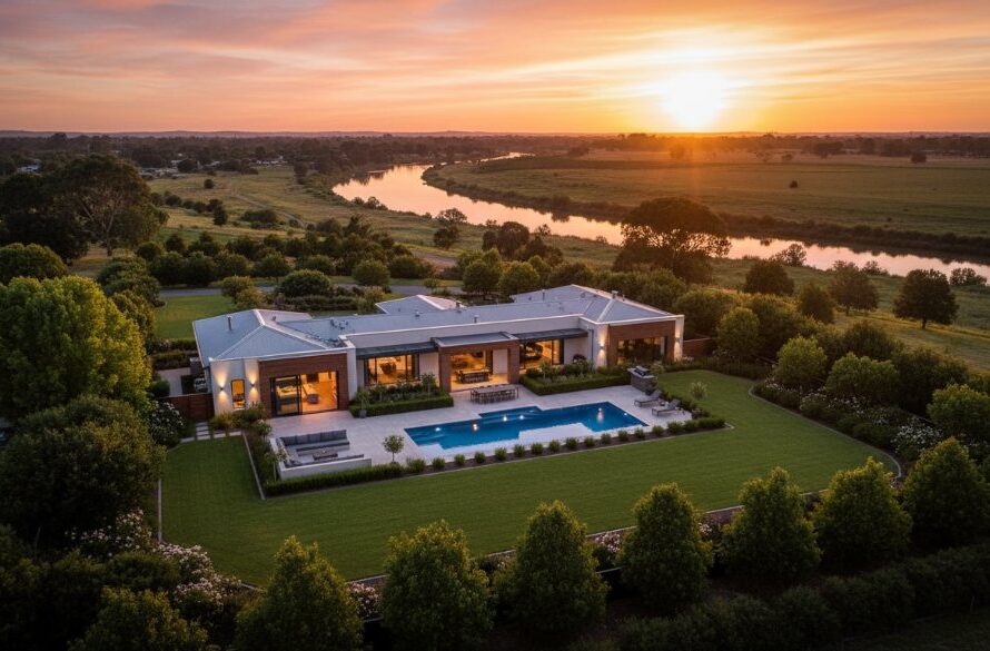 Dramatic aerial view capturing a modern luxury home in Shepparton, Victoria, at sunset, showcasing its spacious garden and pool with the Goulburn River winding in the background, embodying expert Shepparton real estate photography for captivating Goulburn Valley listings with cinematic lighting.