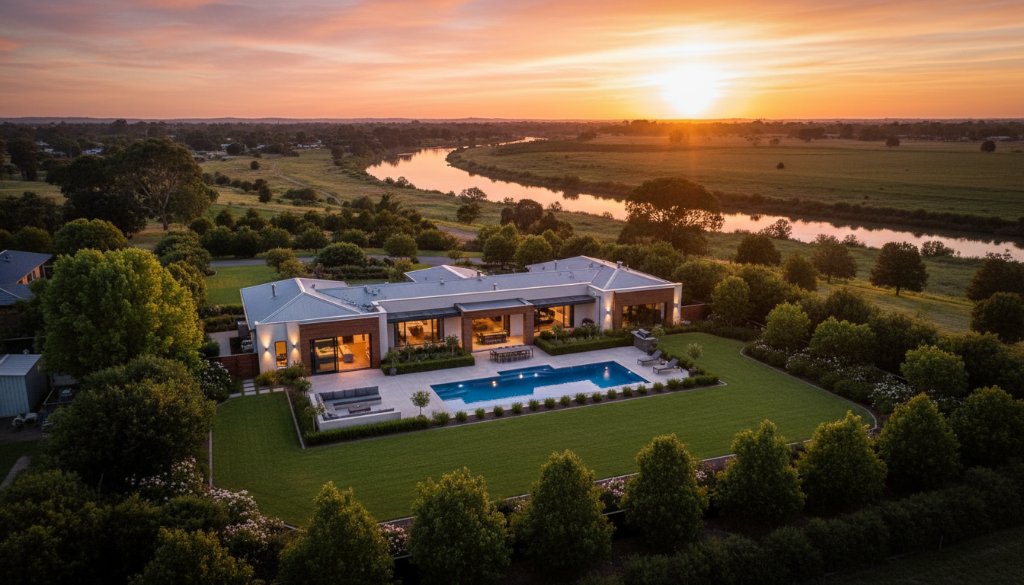 Dramatic aerial view capturing a modern luxury home in Shepparton, Victoria, at sunset, showcasing its spacious garden and pool with the Goulburn River winding in the background, embodying expert Shepparton real estate photography for captivating Goulburn Valley listings with cinematic lighting.