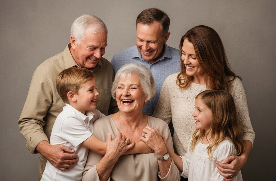 A candid, joyful moment during shepparton studio family portraits timeless elegance, showing a multi-generational family laughing together in a beautifully lit, professional studio, with warm, soft light highlighting their expressions and a subtle, elegant backdrop.