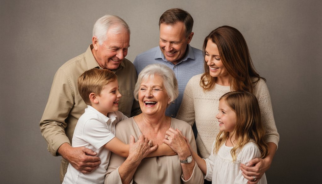 A candid, joyful moment during shepparton studio family portraits timeless elegance, showing a multi-generational family laughing together in a beautifully lit, professional studio, with warm, soft light highlighting their expressions and a subtle, elegant backdrop.